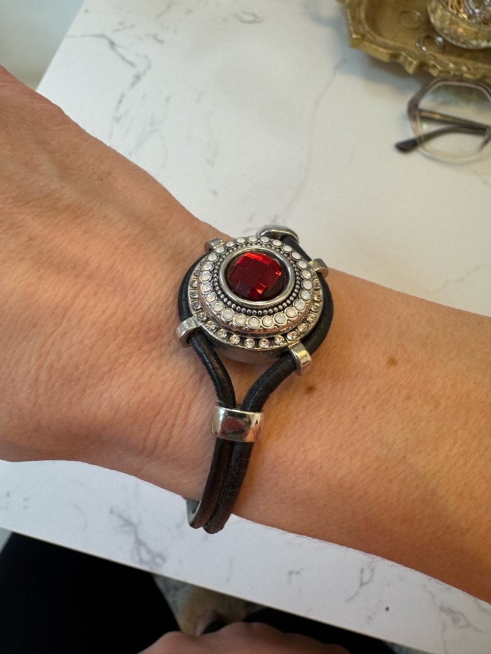 Ginger Snap Red Gem Leather Bracelet with Crystal Accents